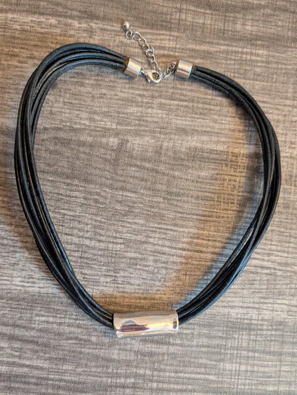 Black Multi-Strand Leather Choker Necklace - Silver Tube Accent